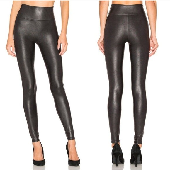Spanx Womens Small Black Faux Leather Leggings Stretch Shimmer - Picture 1 of 8